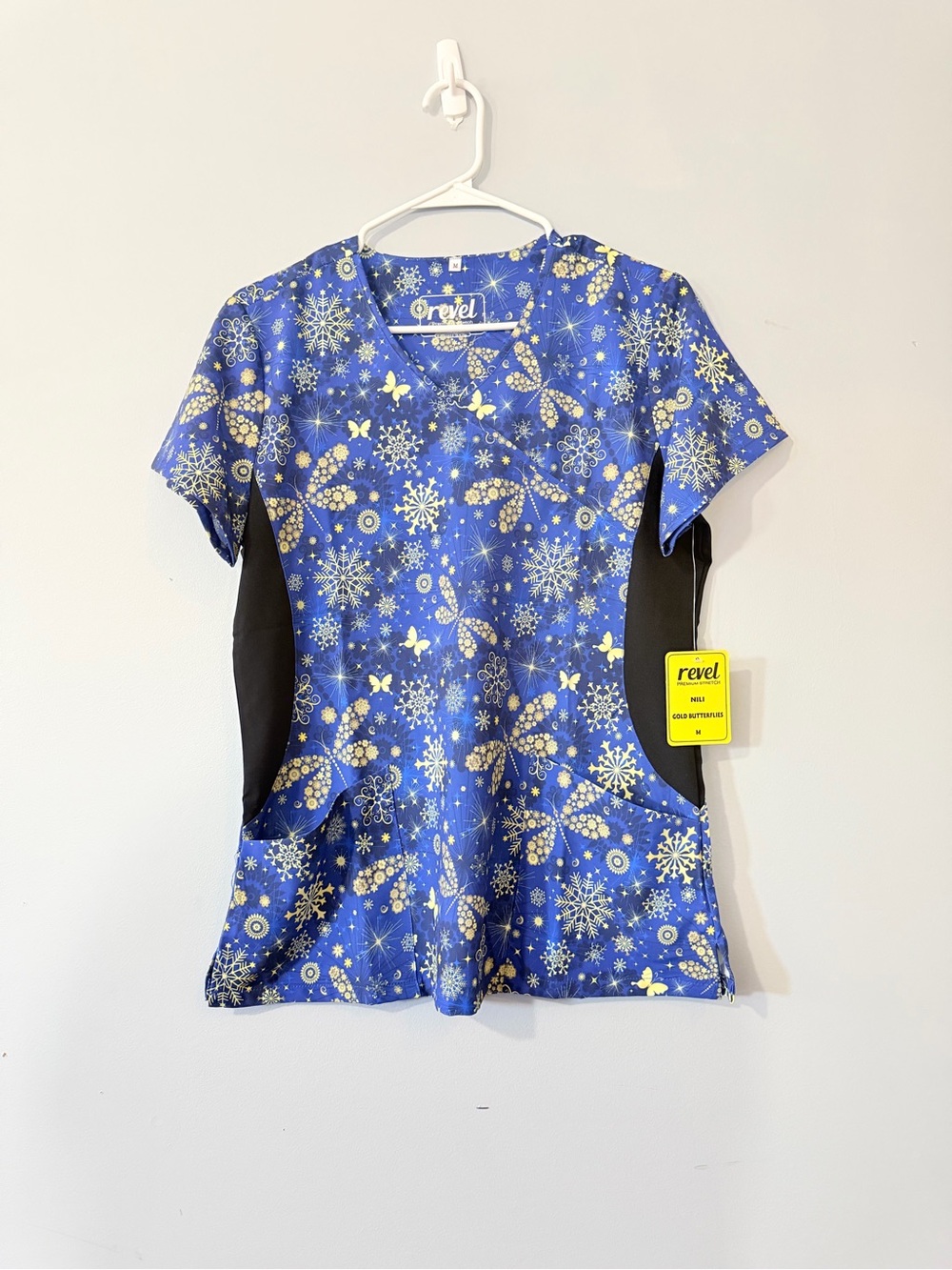 Women’s Blue and Gold Dragonfly Snowflake Print Scrub Top